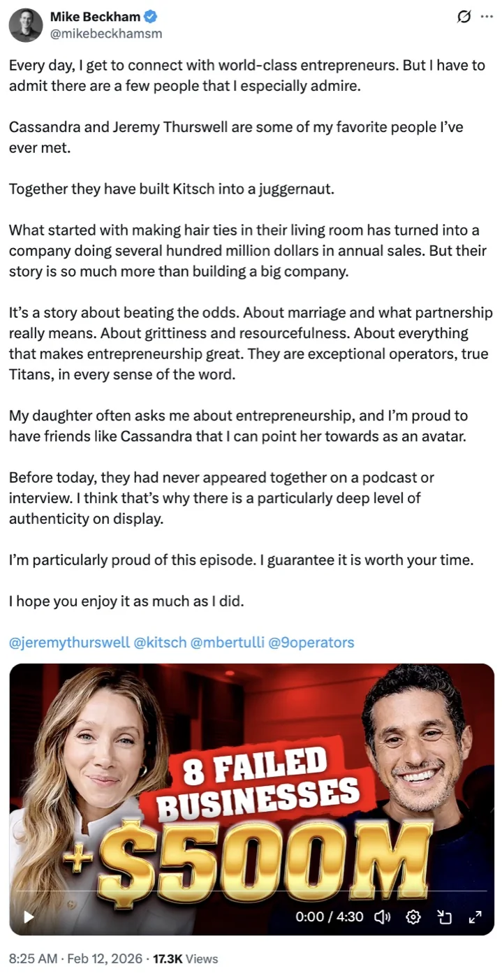 Mike Beckham's post about the Kitsch episode, tagging 9Operators, at 17.3K views