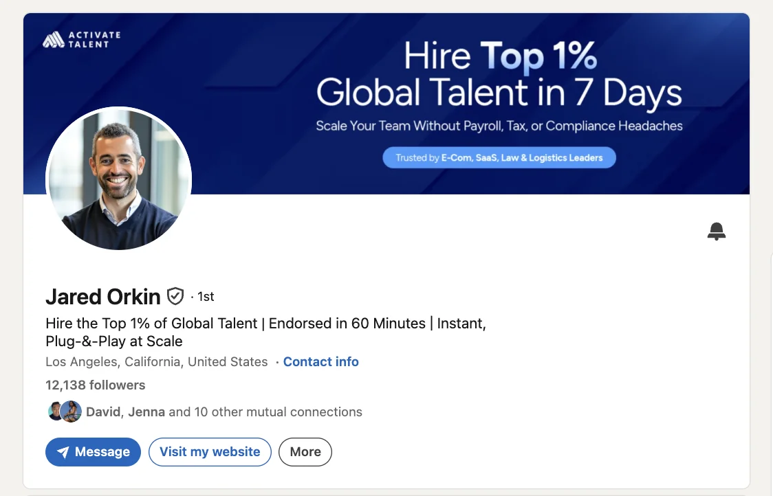 Jared Orkin's optimized LinkedIn profile, showing 12,138 followers
