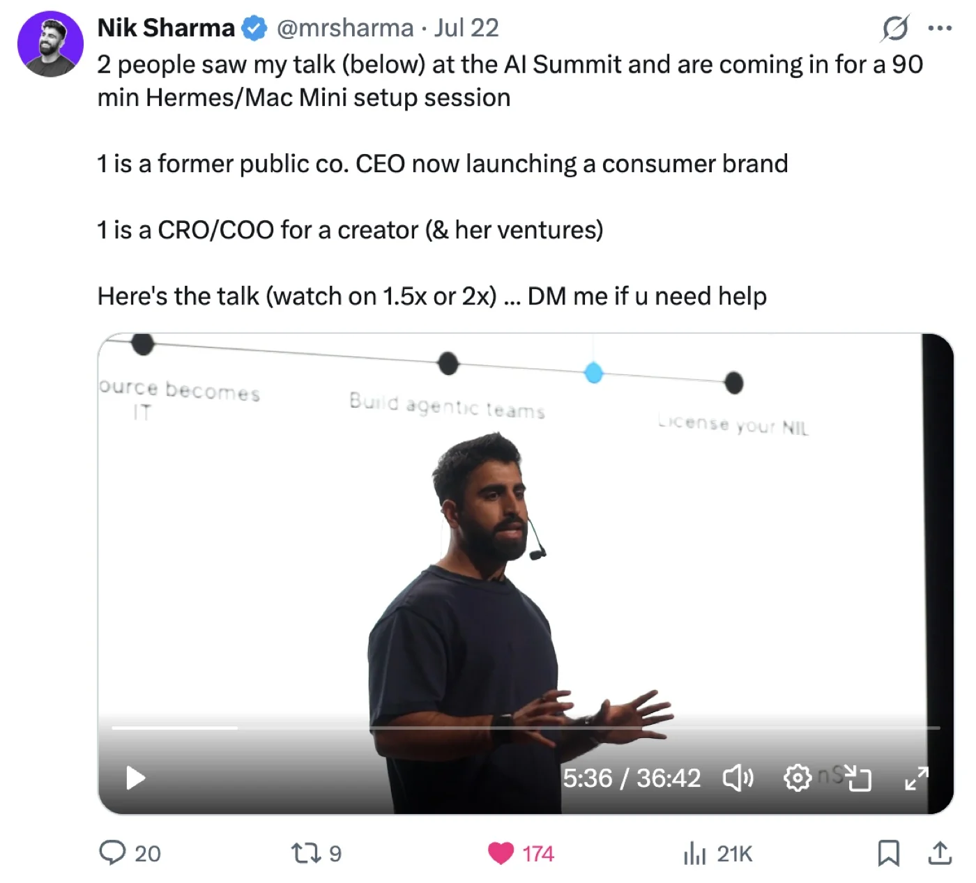 Nik Sharma's post: two people who saw his AI Summit talk booked a session with him. 21K views, 174 likes.