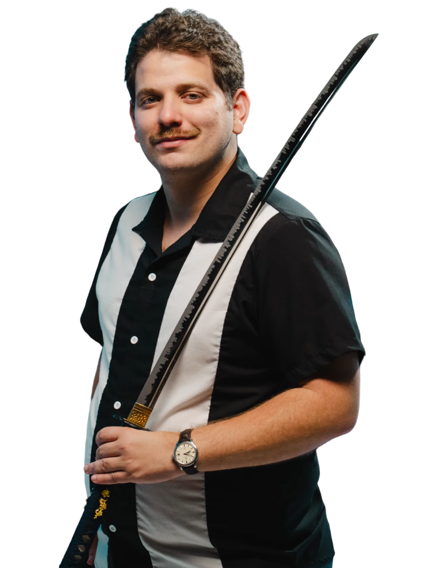 Isaac Medeiros smiling and holding a katana over his shoulder